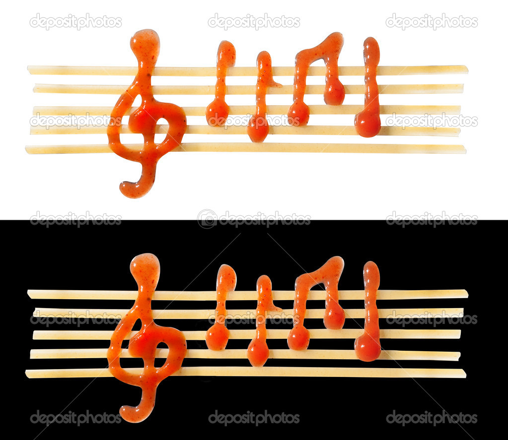 conceptual edible sheet music of noodles and ketchup