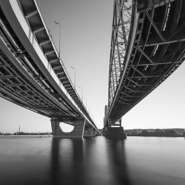 Bridges in Kiev through fisheye lens. Black and white. — Stock Photo, Image