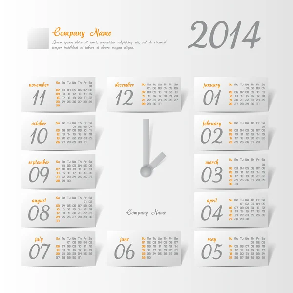 2014 año calendario vectorial reloj estilizado para el calendario de pared de negocios — Vector de stock