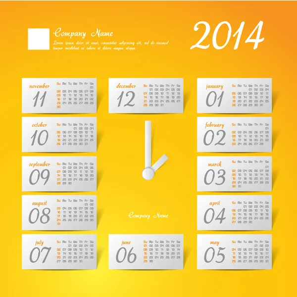 Rok 2014 vektorové kalendář stylizované hodiny pro podnikání nástěnný kalendář — Stockový vektor