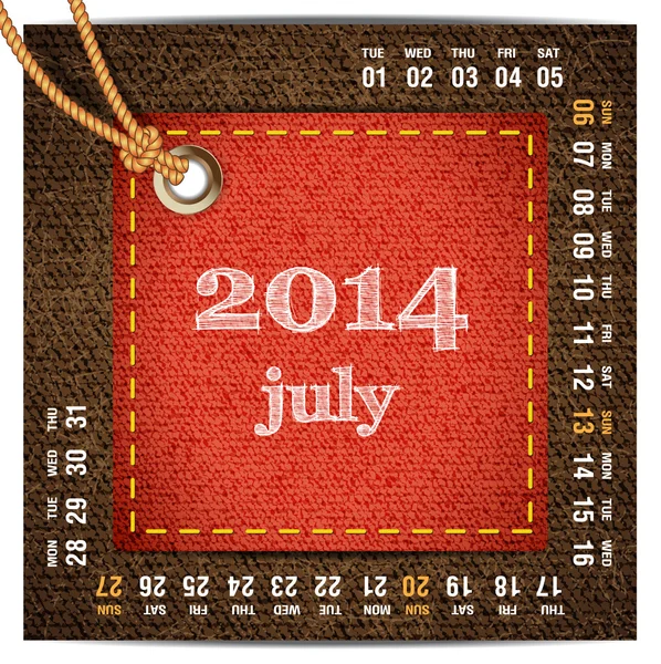 2014 year vector calendar stylized jeans. July — Stock Vector