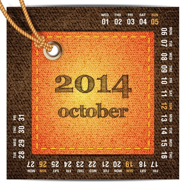 2014 jaar vector kalender gestileerde jeans. oktober — Stockvector