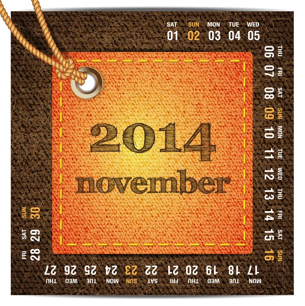2014 year vector calendar stylized jeans. November — Stock Vector