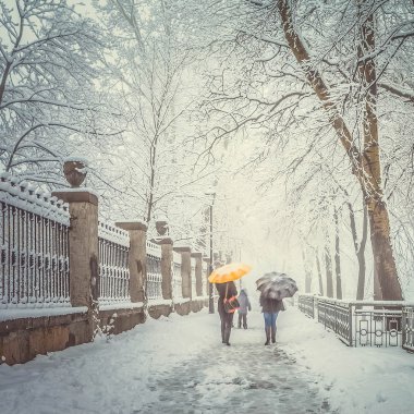 karlı Şehir Parkı ve şemsiye ile