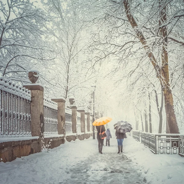 Snöiga stadsparken och personer med paraplyer — Stockfoto