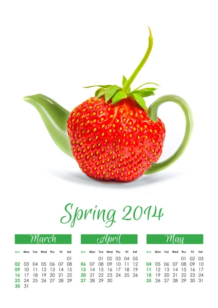 Fotokalender met concept aardbei theepot. lente 2014. — Stockfoto