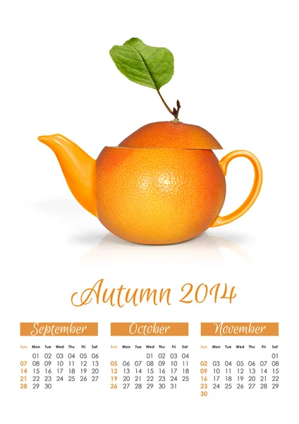 Photo calendar with concept orange teapot. Autumn 2014. — Stock Photo, Image