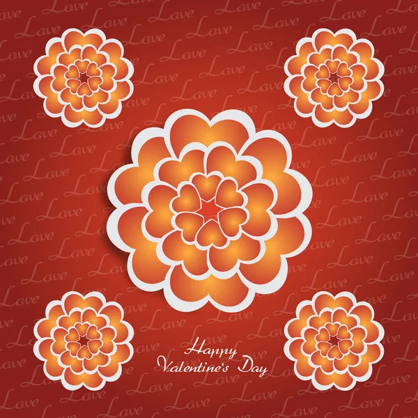 Glücklicher Valentinstag Schriftzug Grußkarte auf rotem Hintergrund mit Herz stilisierte Blumen — Stockvektor