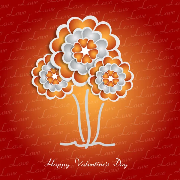 Glad Alla hjärtans dag bokstäver gratulationskort på röd bakgrund med hjärta stiliserade blommor — Stock vektor
