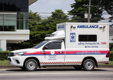 Chiangmai, Thailand -  June  13 2022: Ambulance van of San Phi Sue Subdistrict Administrative Organization. Photo at road no.121 about 8 km from downtown Chiangmai, thailand.