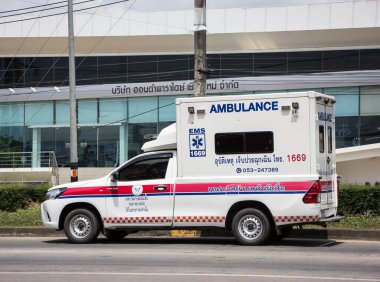Chiangmai, Thailand -  June  13 2022: Ambulance van of San Phi Sue Subdistrict Administrative Organization. Photo at road no.121 about 8 km from downtown Chiangmai, thailand.
