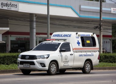 Chiangmai, Thailand -  June  13 2022: Ambulance van of Maejo Subdistrict Administrative Organization. Photo at road no.121 about 8 km from downtown Chiangmai, thailand.