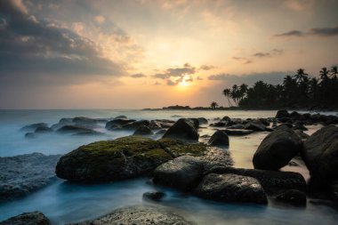 Sri Lanka 'da, Matara yakınlarındaki palmiyelerin altında görülen kayalar ve deniz üzerinde renkli bir gün batımı.. 