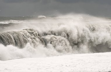 İzlanda 'nın güney kıyısındaki ünlü Reynisfjara kayaları yakınlarındaki kara volkanik sahilde şiddetli dalgalar.
