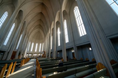 REYKJAVIK, ICELAND - 2 Nisan 2019 Uzun Sütunlar Organ Tavanı Hallgrimskirkja Büyük Lüterci Kilisesi Reykjavik İzlanda. İzlanda 'daki en büyük kilise ve en yüksek yapı.