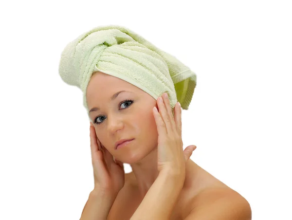 Spa Woman. Beautiful Girl After Bath Touching Her Face. — Stock Photo, Image