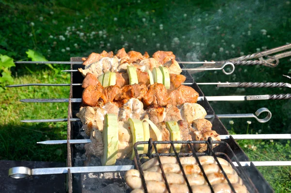 Gustoso kebab alla griglia su un carbone con cipolla — Foto Stock