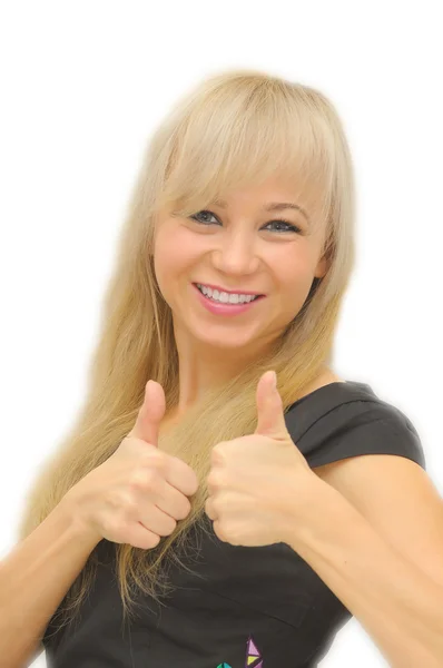 Mulher bonita sorrindo e envolvente. Isolado em branco — Fotografia de Stock