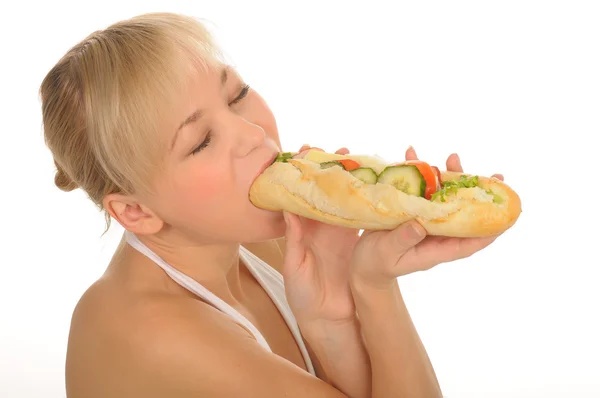 Frau mit Sandwich, isoliert auf weiß — Stockfoto