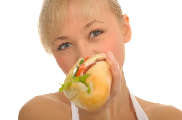 Donna con panino, isolata su bianco — Foto Stock