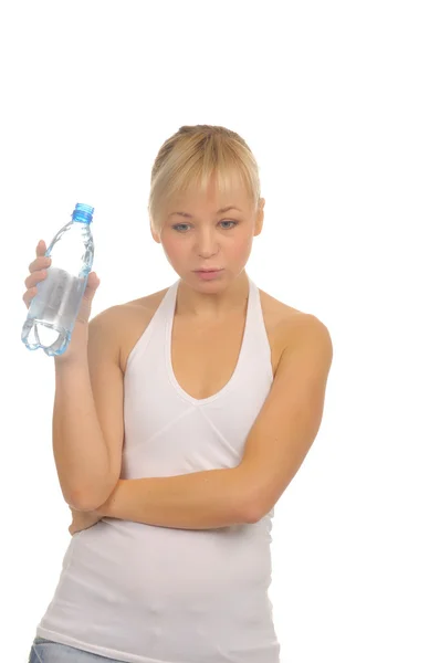 Hermosa mujer con botella de agua sobre blanco —  Fotos de Stock