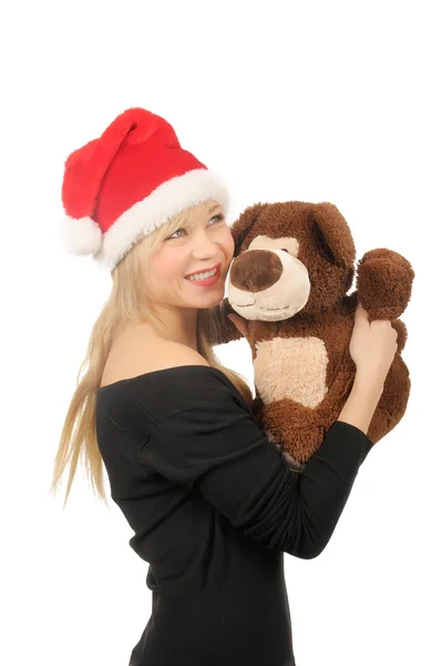 Weihnachtsmann Frau mit Bär isoliert auf weiß — Stockfoto