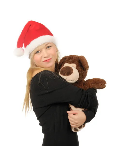 Santa woman with bear isolated on white — Stock Photo, Image