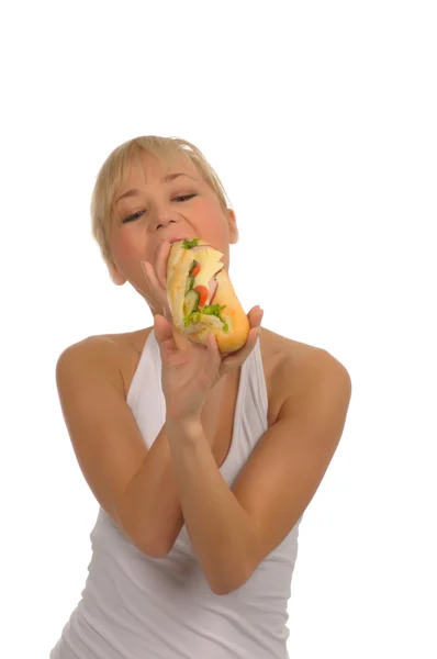 Femme avec sandwich, isolée sur blanc — Photo