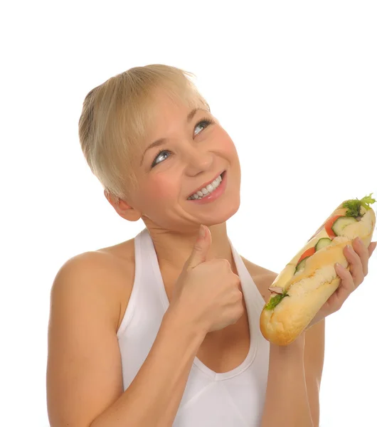 Donna con panino, isolata su bianco — Foto Stock