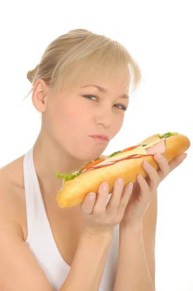 Vrouw met sandwich, geïsoleerd op wit — Stockfoto