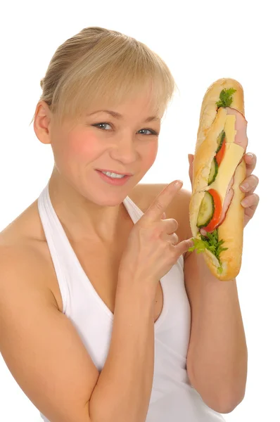 Mulher com sanduíche, isolada sobre branco — Fotografia de Stock