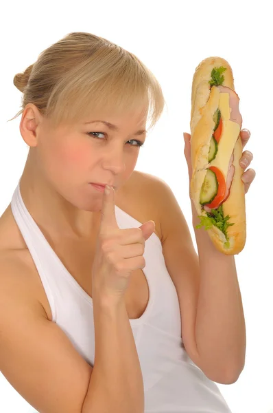 Donna con panino, isolata su bianco — Foto Stock