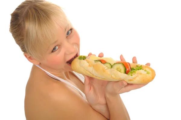 Donna con panino, isolata su bianco — Foto Stock