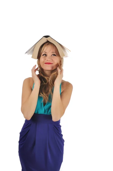 Mujer joven con gafas y libro prepararse para la sesión. Aislado sobre blanco —  Fotos de Stock