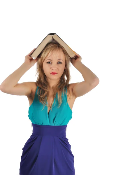 Mujer joven con gafas y libro prepararse para la sesión. Aislado sobre blanco — Foto de Stock