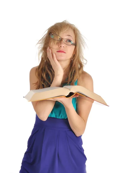 Mladá žena s brýlemi a kniha připravit zasedání. izolované na bílém — Stock fotografie