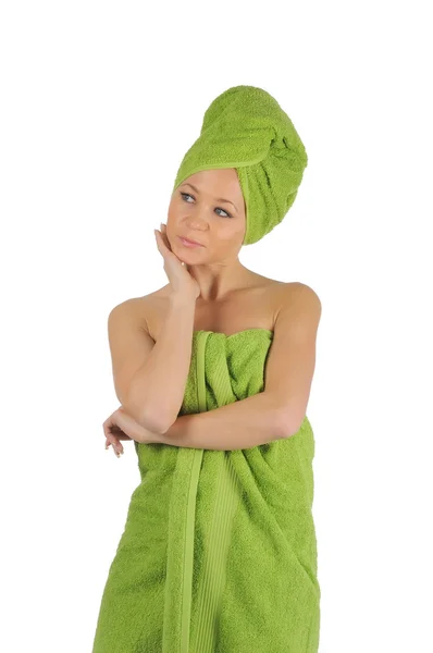 Spa Girl. Mulher bonita após banho com toalha verde. isolado em branco — Fotografia de Stock