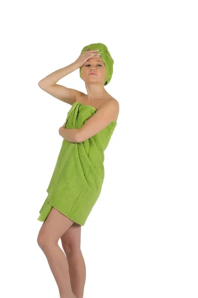 Spa Girl. Beautiful Young Woman After Bath with green towel. isolated on white — Stock Photo, Image