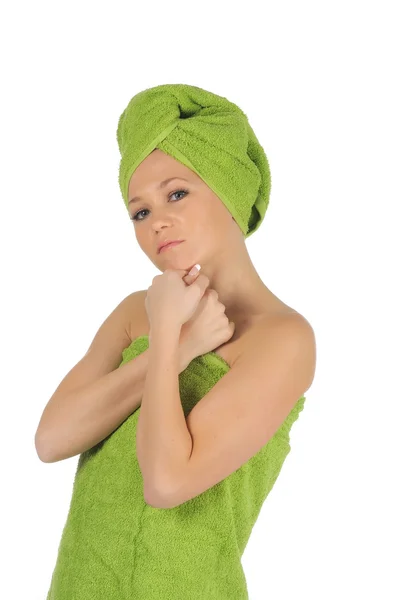 Spa Girl. Beautiful Young Woman After Bath with green towel. isolated on white — Stock Photo, Image