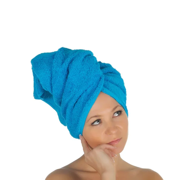 Spa Girl. Beautiful Young Woman After Bath with blue towel. isolated on white — Stock Photo, Image