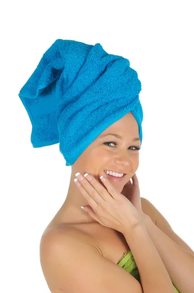 Spa Girl. Beautiful Young Woman After Bath with blue towel. isolated on white — Stock Photo, Image