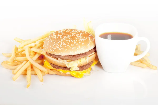 Breakfast set: coffee, hamburger and french fries — Stock Photo, Image