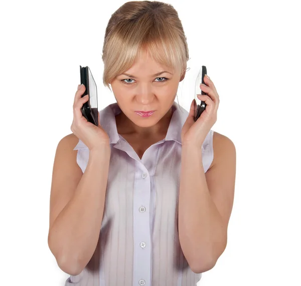 Mulher de negócios com telefone no fundo branco — Fotografia de Stock