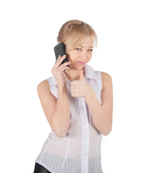 Geschäftsfrau mit Telefon auf weißem Hintergrund — Stockfoto