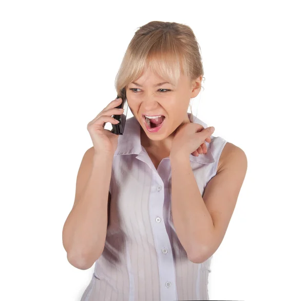 Donna d'affari con telefono su sfondo bianco — Foto Stock