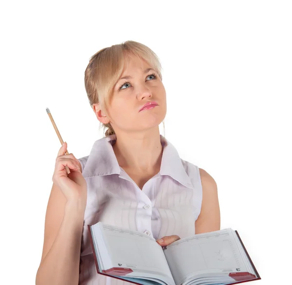 Mulher de negócios bonita com notebook vermelho — Fotografia de Stock