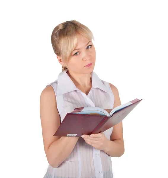 Schöne Geschäftsfrau mit rotem Notizbuch — Stockfoto