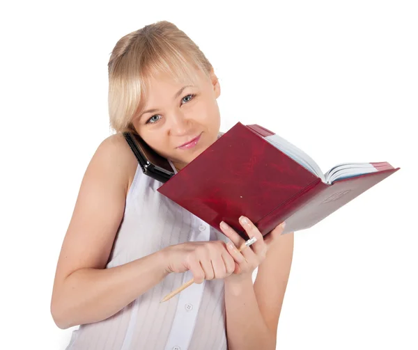 Beautiful business woman with red notebook — Stock Photo, Image