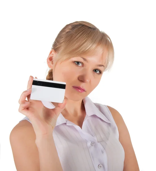A woman holds in her hand a plastic card for purchases. on a white background Stock Image