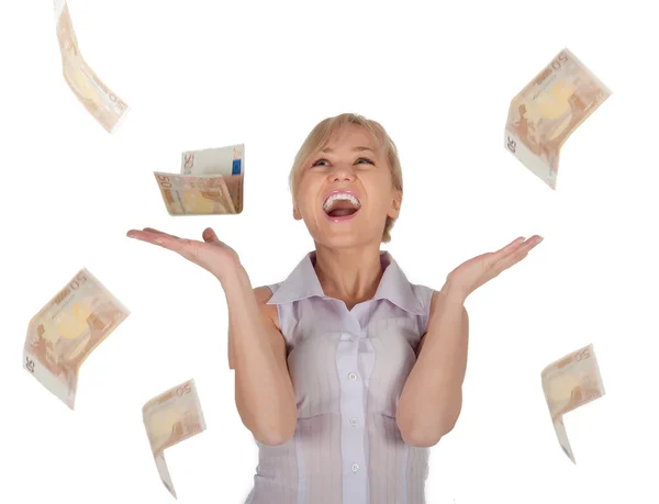 Jonge vrouw en geld regen op een witte achtergrond — Stockfoto